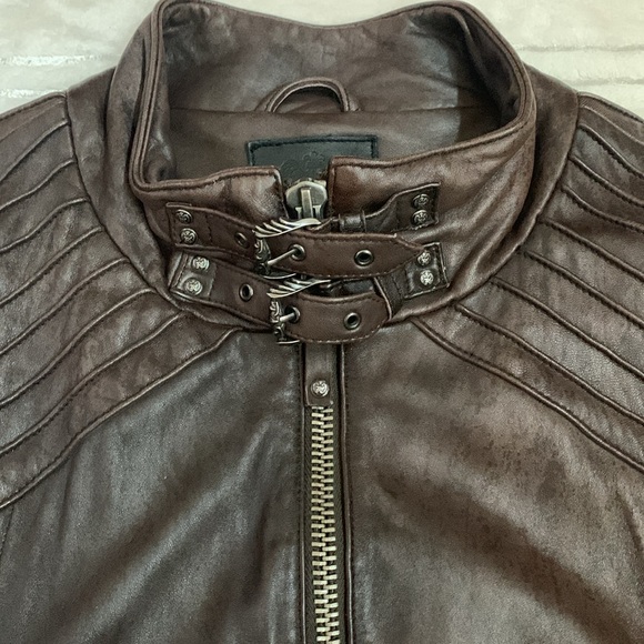 Faith Connexion Designer Men’s Brown Leather Studded Biker Bomber Jacket - Picture 8 of 13